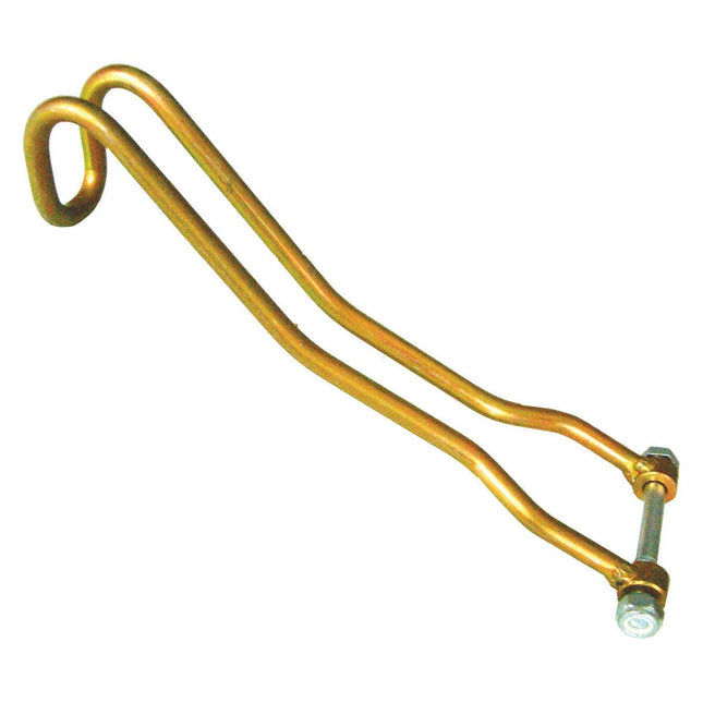 The Hydraulic Top Link Handle 310mm by Sparex (Part No. S.39966) is a gold-colored metal rod featuring an integrated hook and a bolt fastener at one end, designed with a fixing hole diameter suitable for various applications. This handle is likely used for industrial purposes and is compatible with both Sparex and John Deere equipment.