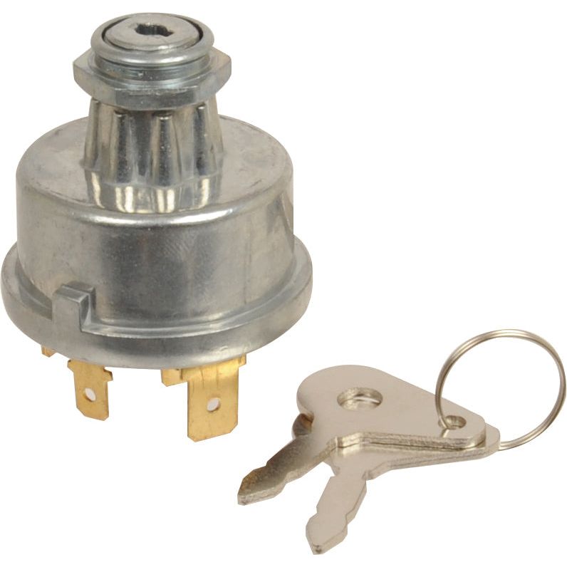 The Sparex Ignition Switch (Part No. S.41123) features two attached brass terminals and comes with a pair of silver keys on a keyring, making it ideal for use with alternators and dynamo systems.