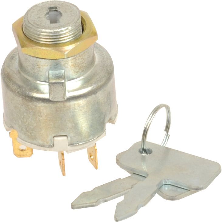 The Sparex Ignition Switch (Sparex Part No. S.65570) is a metal switch accompanied by two metal keys on a key ring, compatible with Ford/New Holland vehicles.
