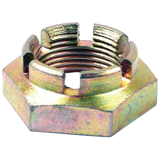 Introducing the Sparex Size 1 1/4'' UNF (Din 935) metal castle nut, featuring internal threading and several notches along its top edge. Zinc Plated with a tensile strength of Grade 8.8, this Sparex Part No.S.40214 is compatible with Massey Ferguson and is designed for mechanical purposes to ensure secure locking.