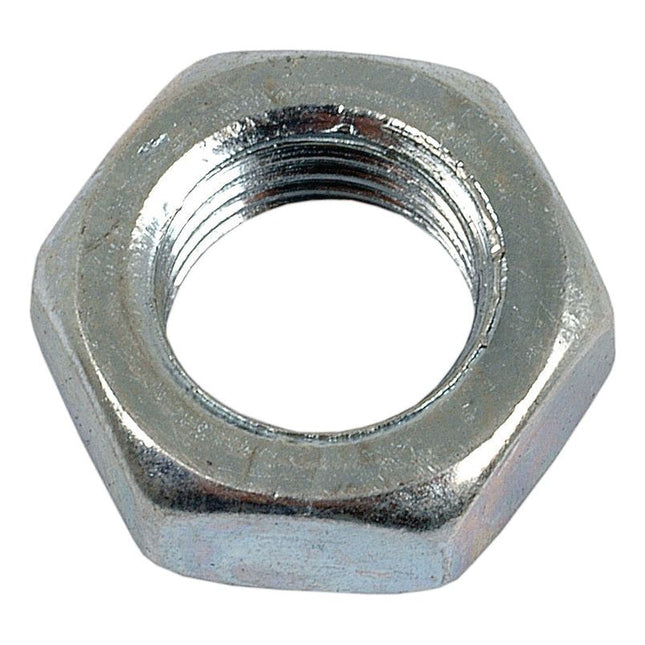 Close-up of the Sparex Imperial Half Lock Nut, 3/8'' UNF (DIN 439B), zinc plated for added durability, used for securing bolts or screws.