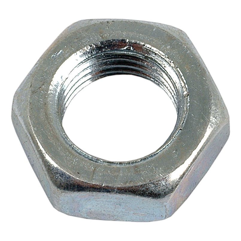 Close-up of the Sparex Imperial Half Lock Nut, 3/8'' UNF (DIN 439B), zinc plated for added durability, used for securing bolts or screws.