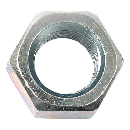 A close-up of a metallic Imperial Hexagon Nut, featuring internal threading and a zinc-plated finish, identified as Sparex Part No.S.1002. This is the 5/8" UNF size with a tensile strength of 8.8 (DIN Standard No. 934) from the brand Sparex.