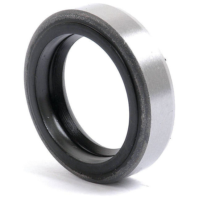 A close-up image of an Imperial Rotary Shaft Seal, 1 1/8'' x 1 5/8'' x 3/8'', Sparex Part No. S.40748, featuring a cylindrical metal exterior and an inner black rubber layer, resembling those used in Massey Ferguson machinery.
