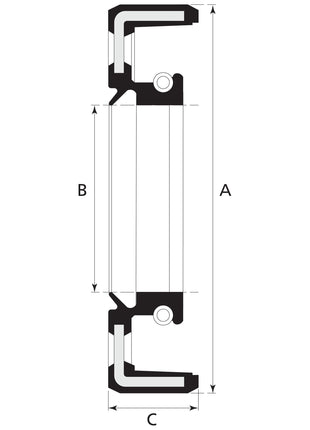 Technical drawing of a machined part with labeled dimensions A, B, and C, featuring a symmetrical design with multiple small and large cylindrical sections connected by straight lines and right angles. This part is compatible with Ford New Holland models and includes the precise specifications for an Imperial Rotary Shaft Seal by Sparex, 1 3/4'' x 3 1/2'' x 3/4'' (Sparex Part No. S.65681).