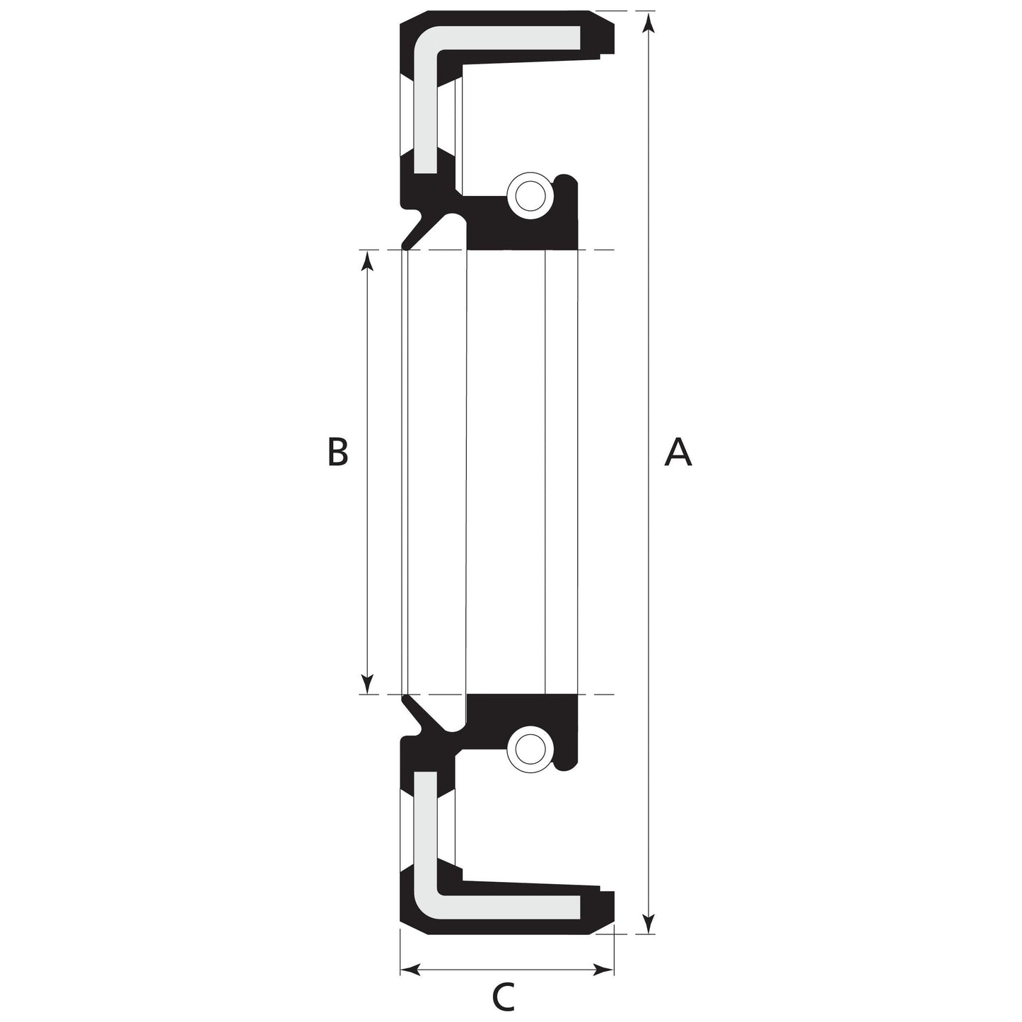 Technical drawing of a machined part with labeled dimensions A, B, and C, featuring a symmetrical design with multiple small and large cylindrical sections connected by straight lines and right angles. This part is compatible with Ford New Holland models and includes the precise specifications for an Imperial Rotary Shaft Seal by Sparex, 1 3/4'' x 3 1/2'' x 3/4'' (Sparex Part No. S.65681).