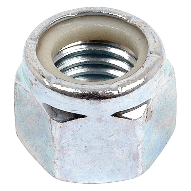 Close-up of the Sparex Imperial Self Locking Nut, size 3/8'' UNC (DIN 985), with a tensile strength of 8.8, featuring internal threading and a white nylon insert designed to prevent loosening (Sparex Part No. S.4963).