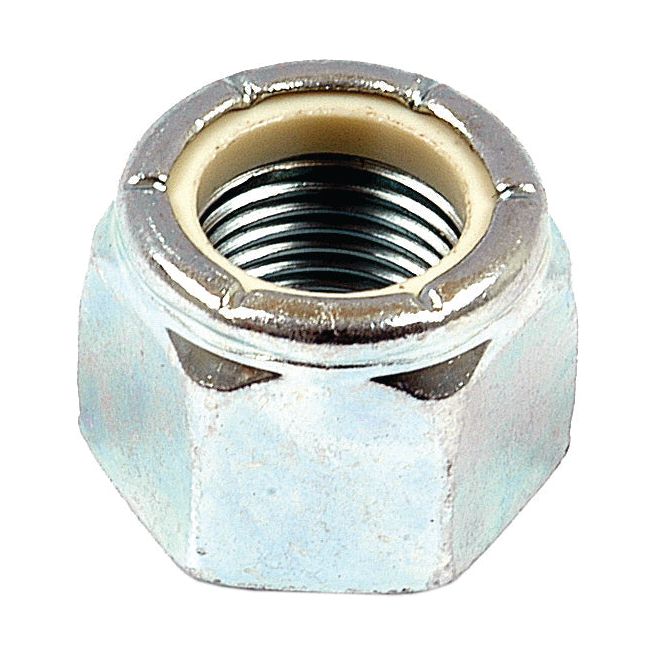 A close-up image of the Sparex Imperial Self Locking Nut, 5/8'' UNF (DIN 985) with a nylon insert and zinc plating for rust resistance. This nut, part number S.4961, has a tensile strength of 8.8 and is typically used to prevent loosening from vibrations in machinery and automotive applications.