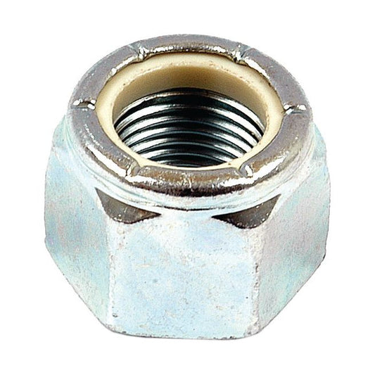 A close-up image of the Sparex Imperial Self Locking Nut, 5/8'' UNF (DIN 985) with a nylon insert and zinc plating for rust resistance. This nut, part number S.4961, has a tensile strength of 8.8 and is typically used to prevent loosening from vibrations in machinery and automotive applications.