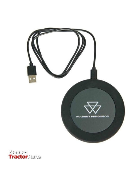 The AGCO Massey Ferguson Induction Charger - X993442212000 is a black circular wireless charger that comes with an attached USB cable. It features the Massey Ferguson logo in white at the center and includes anti-slip protection for secure charging.