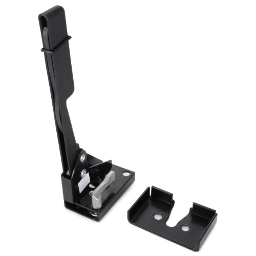 A black metal latch with a lever, reminiscent of the robust components found in an AGCO Massey Ferguson - Inner Door Handle L/H - 3804663M1, and a separate metal bracket placed beside it.