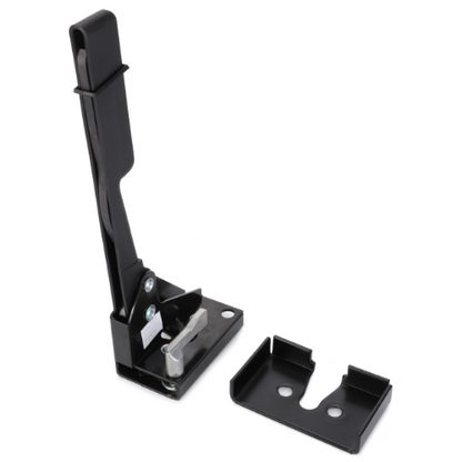 A black metal latch with a lever, reminiscent of the robust components found in an AGCO Massey Ferguson - Inner Door Handle L/H - 3804663M1, and a separate metal bracket placed beside it.