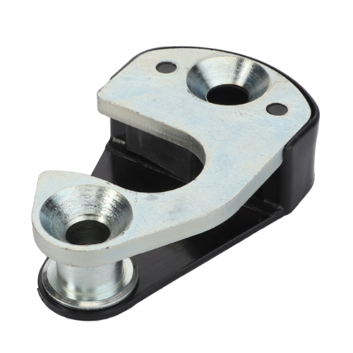 An AGCO Massey Ferguson Inner Door Latch L/H (product number 3301858M91) is a metal and plastic bracket featuring two circular holes and a curved, raised section. It is specifically designed as a left-hand side part for tractors from the Massey Ferguson 1000 Series.