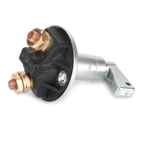 The AGCO Massey Ferguson Isolater Switch 3712201M2, with its two electrical terminals, metal housing, and mounting bracket, is shown against a white background. Ideal for use in tractor parts or Massey Ferguson equipment, this switch ensures reliable performance in demanding applications.
