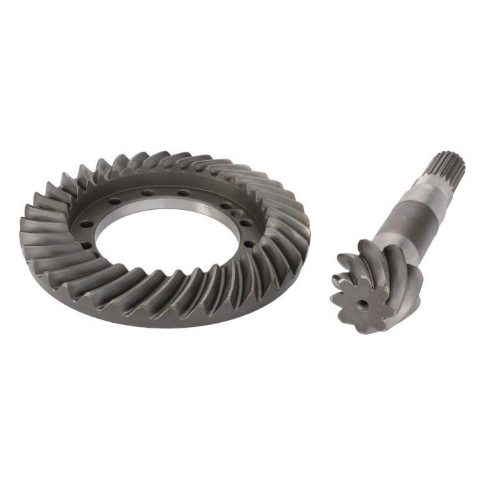 The Massey Ferguson - Kit Bevel Gear - 3764298M91 by AGCO includes a spiral bevel gear set with a ring gear on the left and a pinion gear on the right, designed for use in mechanical applications to transmit power between intersecting axes. This kit guarantees reliable performance and precision.
