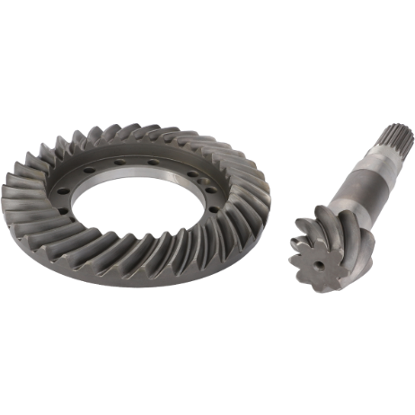The Massey Ferguson - Kit Bevel Gear - 3764298M91 from AGCO includes a spiral bevel gear set, featuring a circular gear with angled teeth and its matching pinion gear, arranged side by side, making it an essential component for your Massey Ferguson equipment.