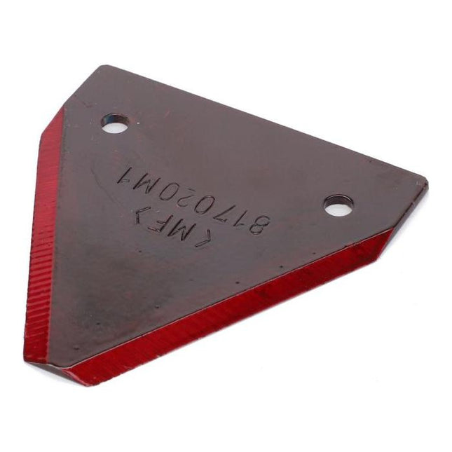 The AGCO Massey Ferguson Knife Section (817020M1) features a triangular red and brown metal blade with two holes, engraved with "MF 817020M1," and is suitable for Massey Ferguson Mower models such as the MF 60.