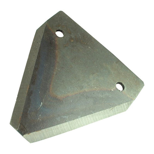 A smooth triangular metal piece with three sides of differing lengths, featuring two 5.5mm holes spaced 51mm apart, compatible as a replacement for Massey Ferguson models. Product: Knife section 80x76x2mm (Sparex S.78330) to fit as: 817020M1.