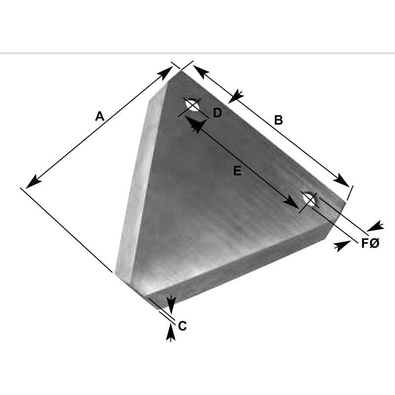 Diagram of an over-serrated triangular metal bracket labeled with measurements A, B, C, D, E, and F. Arrows indicate dimensions and hole placements: 83x76x2mm with Ø5.5mm holes spaced at 51mm centers. This Sparex knife section serves as a replacement for Massey Ferguson tractors part number 206236M1 (S.78450), ensuring precise fit and durability.