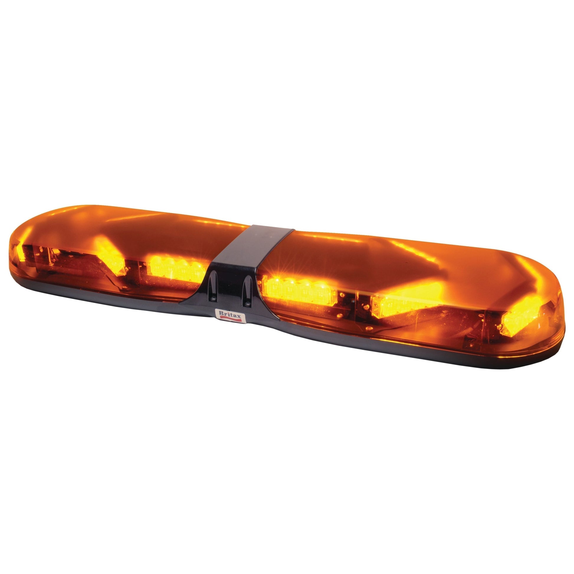 The Sparex LED Aerolite Bar - 4 Bolts, 12-24V - S.27818 is a yellow emergency light bar with multiple LED lights, mounted on a black base featuring a central label, making it ideal for various vehicles.