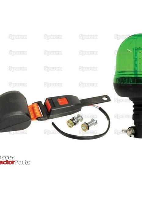 A LED Beacon & Seat Belt Kit from Sparex, featuring a green beacon light with an LED display, a seat belt assembly with red buttons, and two bolts, is displayed against a white background. The kit is classified under Interference: Class 3 and includes a Flexible Pin designed for 12-24V applications (Product Code: S.119893).