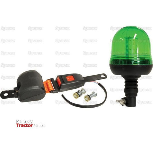 A LED Beacon & Seat Belt Kit from Sparex, featuring a green beacon light with an LED display, a seat belt assembly with red buttons, and two bolts, is displayed against a white background. The kit is classified under Interference: Class 3 and includes a Flexible Pin designed for 12-24V applications (Product Code: S.119893).