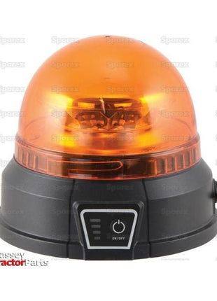 An amber LED rechargeable beacon light, Sparex S.162444, features a black base with an on/off switch and the "Massey Tractor Parts" label at the bottom left. It offers reliable IP65 protection and a convenient magnetic function for easy attachment, with 12-24V compatibility and interference Class 3 rating.