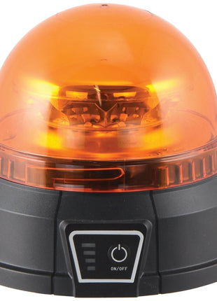 The Sparex LED Rechargeable Beacon (Amber), a small, magnetic rotating beacon light, encompasses black and orange colors with an on/off switch located at the bottom front section and features a bright Class 3 LED for illumination. Suitable for 12-24V systems - S.162444.