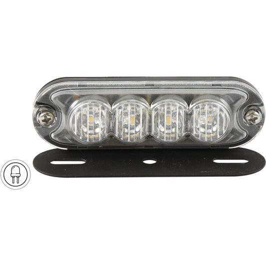 The LED Slimline Hazard Light by Sparex, featuring four bulbs and mounted on a black metal bracket, is shown with an icon indicating a plug connection. This product, rated IP65 for durability and water resistance, offers single flash and double flash functionality on 12-24V power with Class 3 interference protection (S.152729).