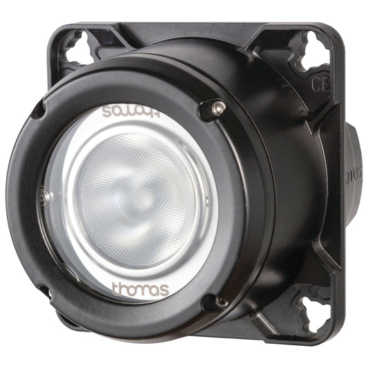 A close-up of a Sparex LED Work Light (Cree High Power), a black, square-shaped industrial fixture with a circular glass lens in the center, mounted on a wall bracket. This worklight boasts an IP68 rating and delivers 5700K brightness, with an output of 3000 lumens raw and supports an operating voltage range of 10-36V.