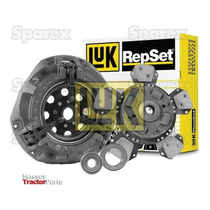 The Sparex Clutch Kit with Bearings - S.147074 includes an organic captive disc, pressure plate, release bearing, and pilot bearing, all packaged in branded packaging. Ideal for Massey Ferguson 375 models!