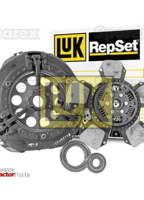 A Sparex Clutch Kit with Bearings - S.147109, complete with a pressure plate, flat flywheel, clutch disc, and two additional components, is displayed in front of its signature yellow and black packaging.