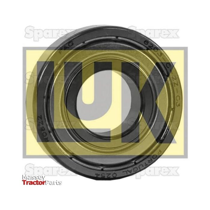 A circular bearing with seal type ZZ and text "UX" in yellow overlay. The background features the Massey Tractor Parts logo, and the model number "72107" is embossed around the bearing's edge. The product is a Spigot Bearing - S.146116 manufactured by Sparex, suitable for Case IH tractors.