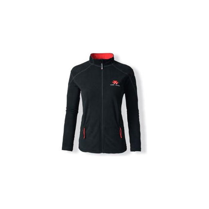 AGCO's Massey Ferguson - Ladies Black Fleece (X993051904) is a stylish zip-up microfibre fleece jacket in black and red, featuring long sleeves, a high collar, front pockets, and a small logo on the left chest.