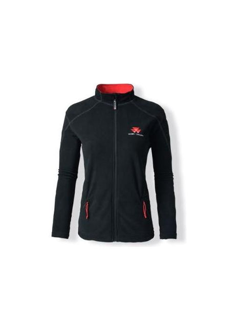AGCO's Massey Ferguson - Ladies Black Fleece (X993051904) is a stylish zip-up microfibre fleece jacket in black and red, featuring long sleeves, a high collar, front pockets, and a small logo on the left chest.