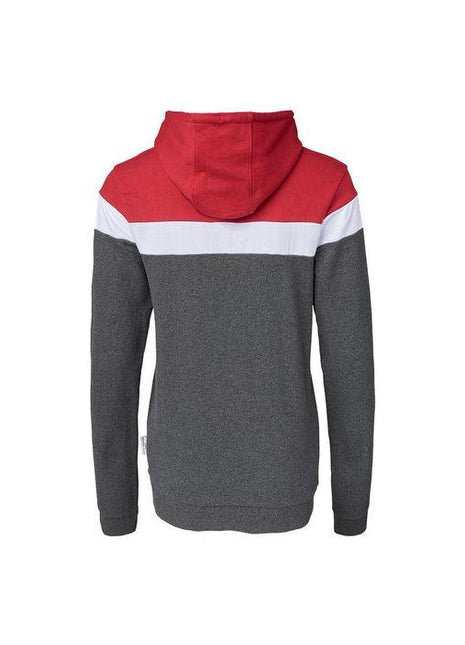 Rear view of the Massey Ferguson - Ladies Colour Block Hoodie by AGCO (X993312009) showcasing a red hood, white stripe across the upper back, and dark gray body and sleeves; ideal for farm casual wear.