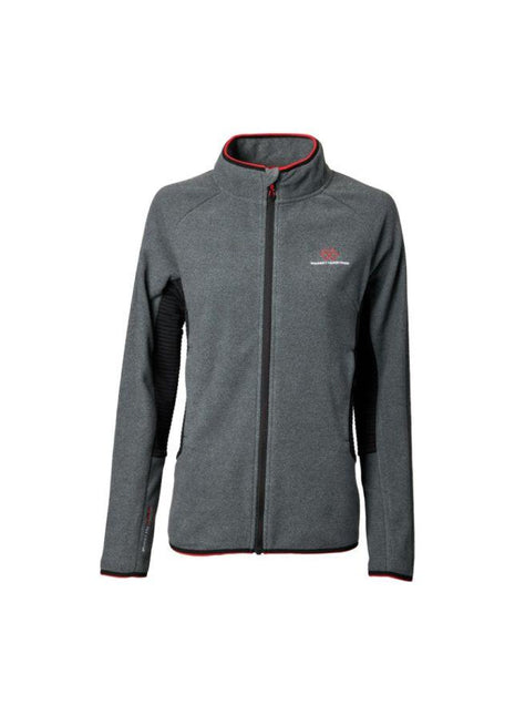 The Massey Ferguson - Ladies Grey Fleece (X993322214) by AGCO is a grey long-sleeved women's jacket with a front zipper and high collar, featuring red accents and a Born to Farm logo on the left chest, made from a durable polyester and fleece blend.