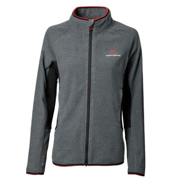 The Massey Ferguson - Ladies Grey Fleece (X993322214) by AGCO is a grey long-sleeved women's jacket with a front zipper and high collar, featuring red accents and a Born to Farm logo on the left chest, made from a durable polyester and fleece blend.