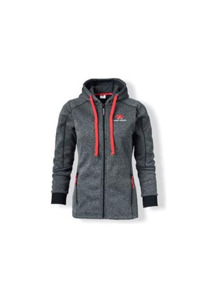 The Massey Ferguson Ladies Grey Hoodie, model X993051915 by AGCO, is a grey hooded fleece jacket featuring red drawstrings and zippers, a front zipper closure, and two side pockets.