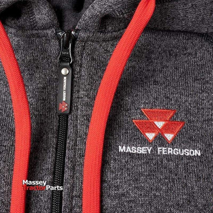 Close-up of the AGCO Massey Ferguson - Ladies Grey Hoodie (X993051915) with a red-trimmed zipper, featuring the "Massey Ferguson" logo and text on the chest. The "Massey Tractor Parts" logo is also visible near the bottom left corner.
