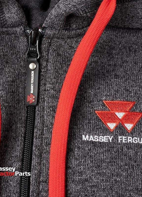Close-up of the AGCO Massey Ferguson - Ladies Grey Hoodie (X993051915) with a red-trimmed zipper, featuring the "Massey Ferguson" logo and text on the chest. The "Massey Tractor Parts" logo is also visible near the bottom left corner.