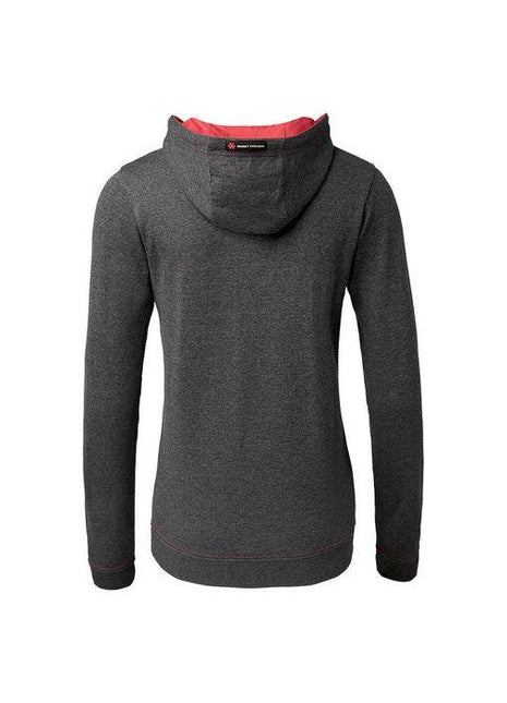 A back view of the Massey Ferguson Ladies Grey Hoodie by AGCO, featuring a dark gray exterior with red lining, kangaroo-style pockets, and subtle branding on the upper back.