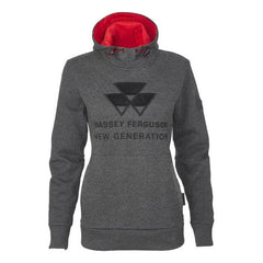 The Massey Ferguson Ladies Hoodie (X993321703) from AGCO features a gray casualwear design with "MASSEY FERGUSON NEW GENERATION" and a black geometric pattern on the front. The hood's interior is red, highlighting the Massey Ferguson logo.