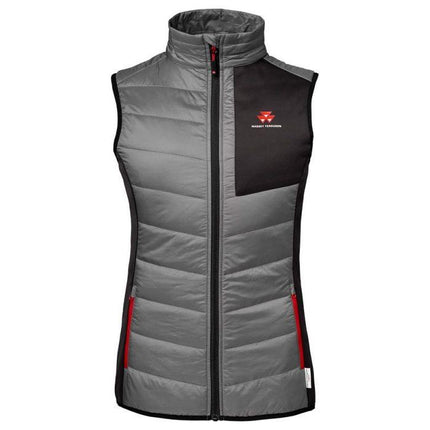 The AGCO Massey Ferguson Ladies Quilted Gilet Bodywarmer (X993312004) is a stylish grey piece with black accents, highlighted by red zipper details and a high collar, offering large pockets for added convenience.