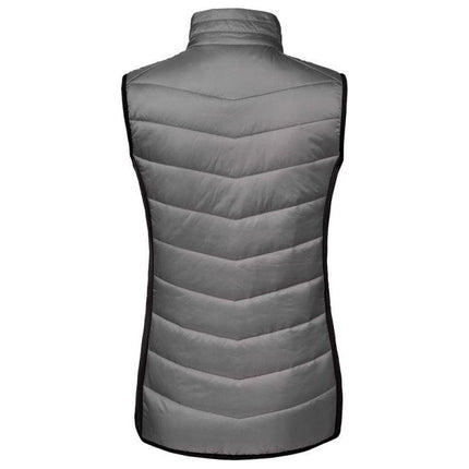 A back view of the AGCO Massey Ferguson Ladies Quilted Gilet Bodywarmer (X993312004) in grey, showcasing a high collar, black side panels, and large pockets.