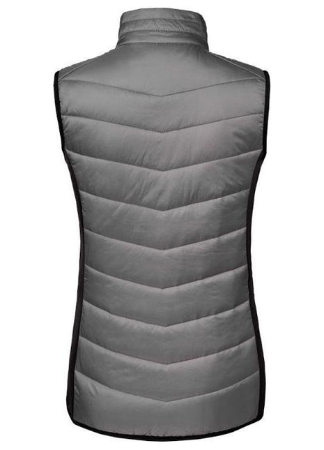 A back view of the AGCO Massey Ferguson Ladies Quilted Gilet Bodywarmer (X993312004) in grey, showcasing a high collar, black side panels, and large pockets.