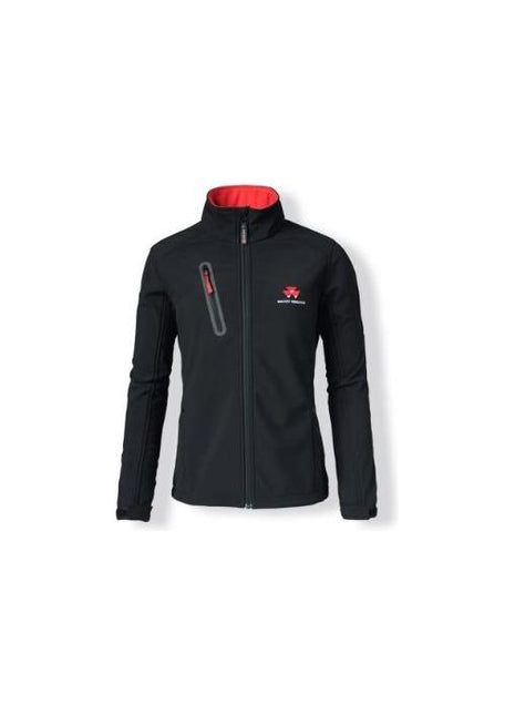 The AGCO Massey Ferguson - Ladies Softshell Jacket (X993051902) is a black zip-up jacket with a high collar, featuring a single chest pocket with a red zipper and a small red logo on the left chest. This windproof and water-repellent design ensures you stay comfortable no matter the weather.