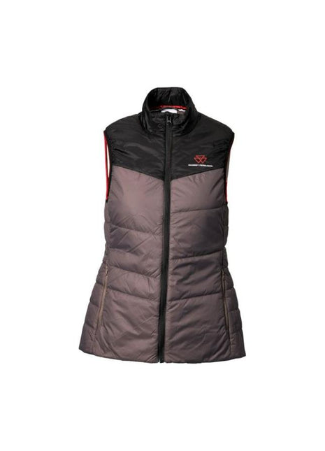 The AGCO Massey Ferguson Ladies Grey Padded Vest (X993322216) is a sleeveless, color-block quilted vest in black and grey with lightweight padding and a high zip-up collar. It features red lining visible on the armholes and a small red logo on the upper left chest. This women's padded jacket is made from 100% nylon fabric for added durability.