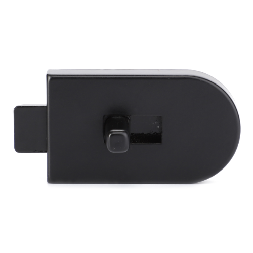 Introducing the AGCO Massey Ferguson - Latch Rear Window 3477711M1: a sleek black plastic clip featuring a rectangular slot, a central button, and a slightly curved edge on one side, designed to perfectly complement the iconic style of the Massey Ferguson 300 Series tractors.