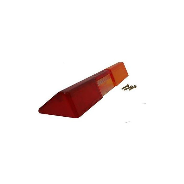 The AGCO Massey Ferguson - Lens Rear L/H (product number 1426607M1) is a triangular red and orange plastic trailer light with a reflective strip, shown with three metal screws, making it perfect as a rear lamp lens for your Massey Ferguson tractor.